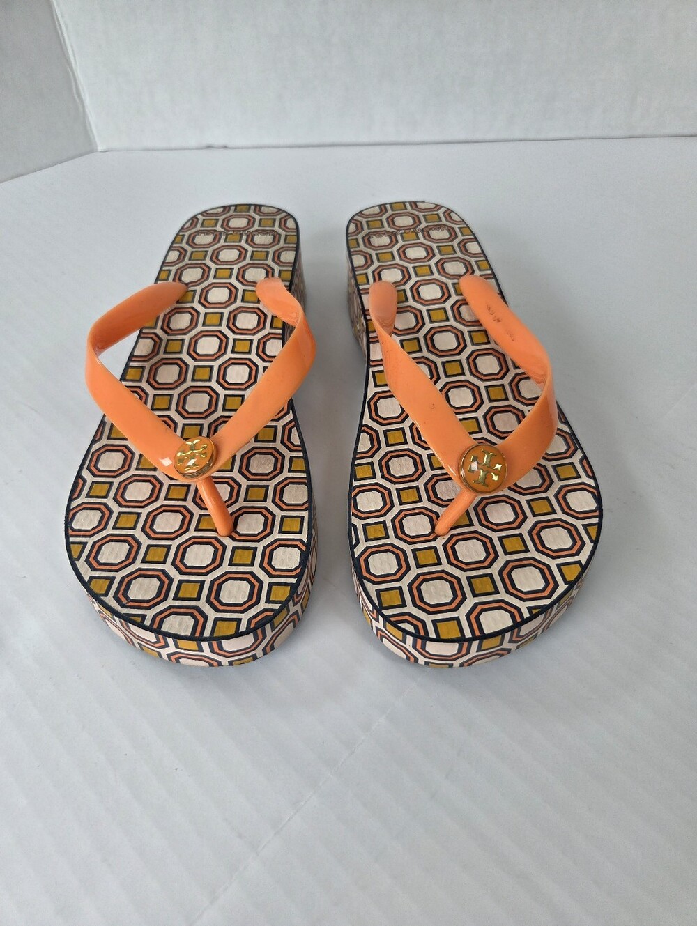 Tory Burch Orange Patterned Platform Flip-Flops‎ Beach Summer